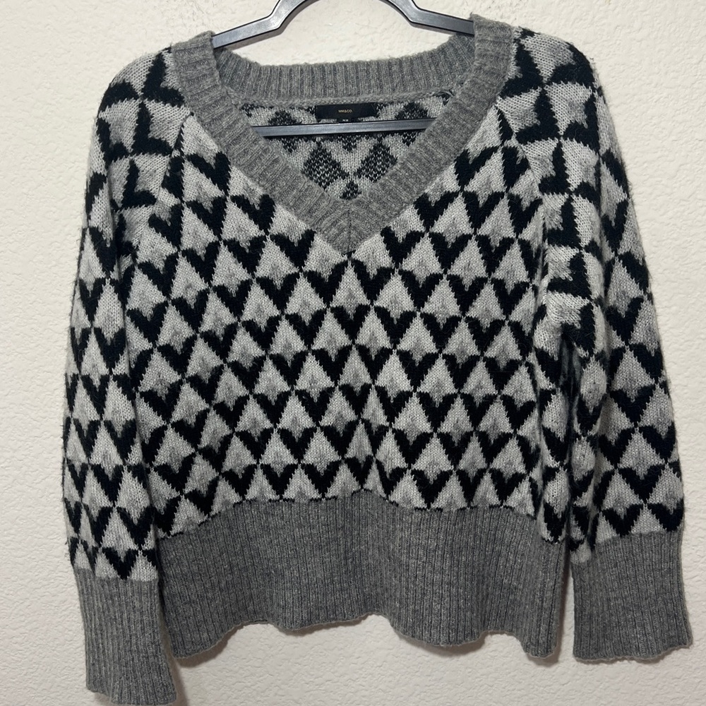 MM & CO. v neck Sweater XS checkered wool blend knit oversized fall preppy - Picture 2 of 7